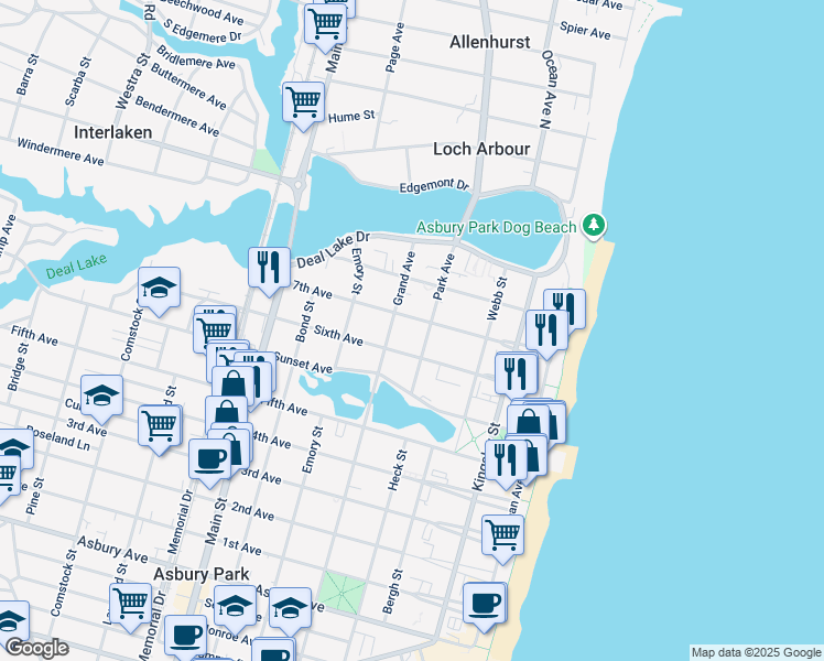 map of restaurants, bars, coffee shops, grocery stores, and more near 407 Sixth Avenue in Asbury Park