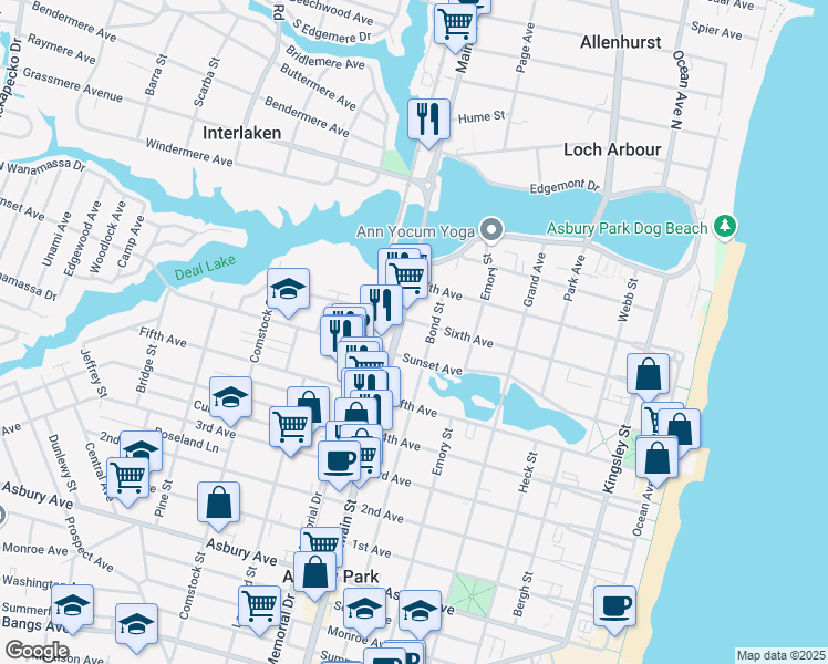 map of restaurants, bars, coffee shops, grocery stores, and more near 703 Sunset Avenue in Asbury Park