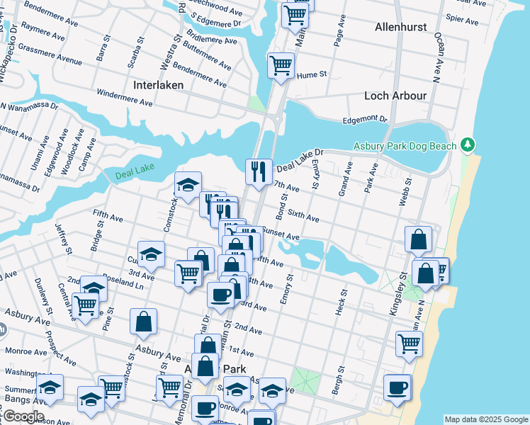 map of restaurants, bars, coffee shops, grocery stores, and more near 703 Sunset Avenue in Asbury Park