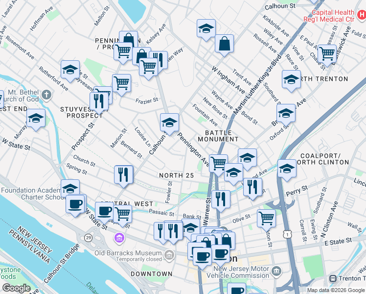 map of restaurants, bars, coffee shops, grocery stores, and more near 315 North Willow Street in Trenton