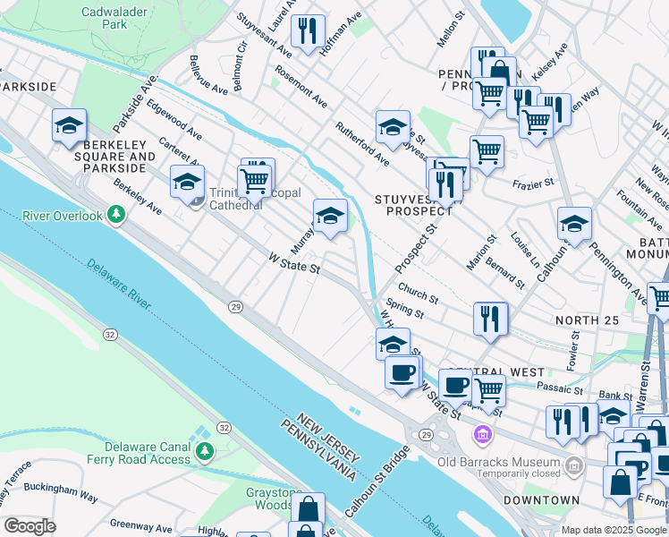 map of restaurants, bars, coffee shops, grocery stores, and more near 474-476 West State Street in Trenton