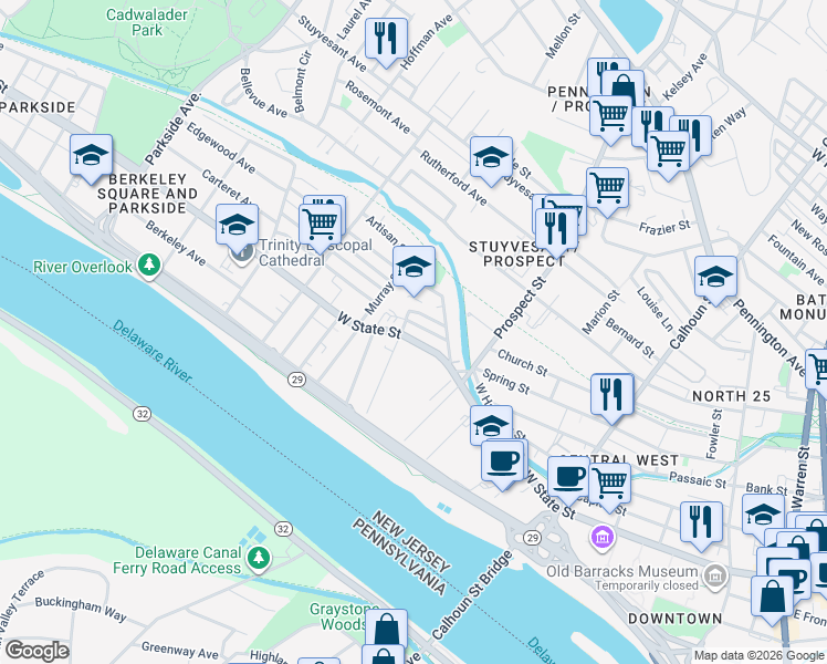 map of restaurants, bars, coffee shops, grocery stores, and more near 501 West State Street in Trenton