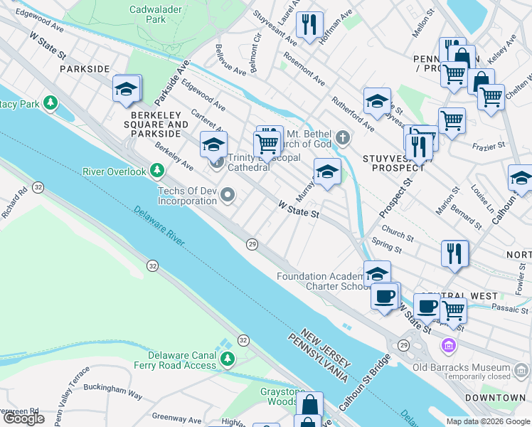 map of restaurants, bars, coffee shops, grocery stores, and more near 46 Colonial Avenue in Trenton