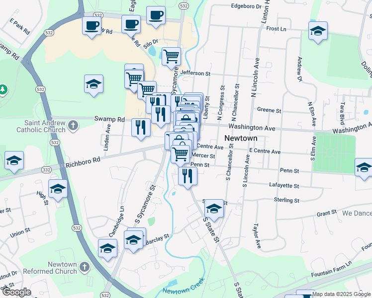 map of restaurants, bars, coffee shops, grocery stores, and more near 120 South State Street in Newtown