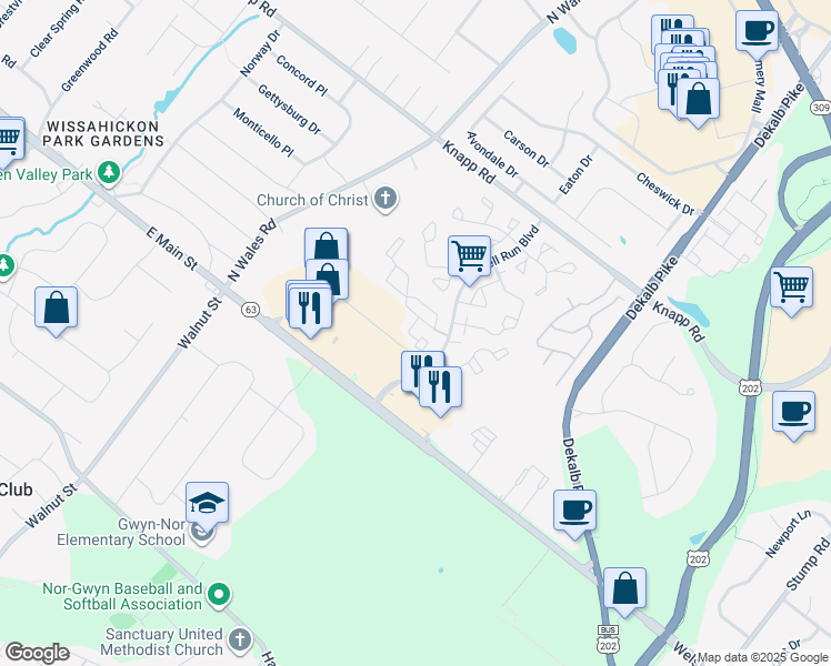 map of restaurants, bars, coffee shops, grocery stores, and more near 1704 Naomi's Court in North Wales