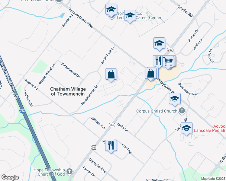 map of restaurants, bars, coffee shops, grocery stores, and more near 136 Ardwick Terrace in Lansdale