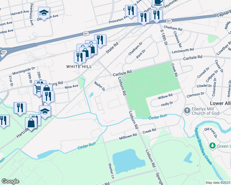 map of restaurants, bars, coffee shops, grocery stores, and more near 2101 Cedar Run Drive in Camp Hill