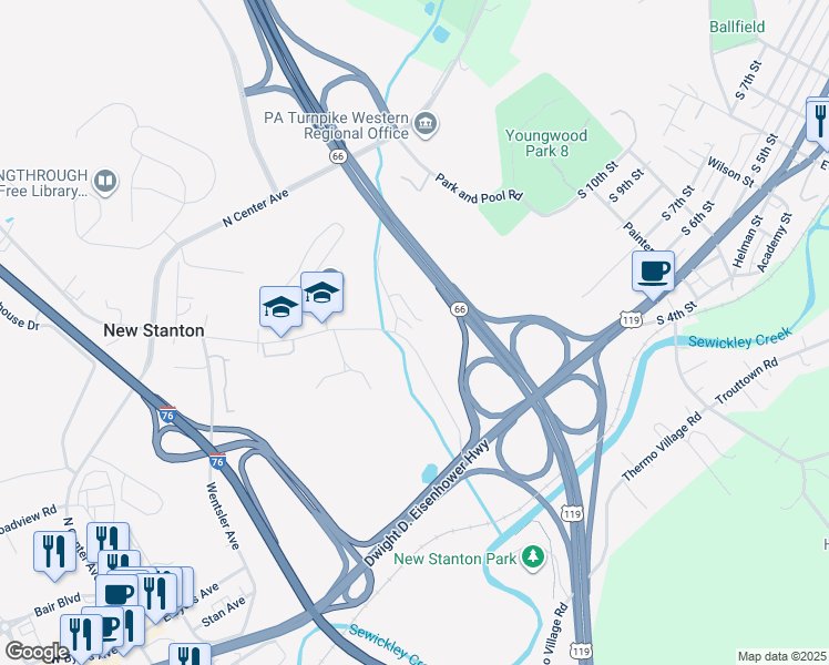 map of restaurants, bars, coffee shops, grocery stores, and more near 166 Arona Road in New Stanton