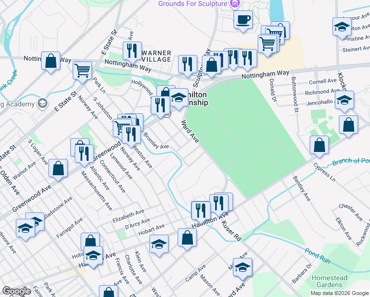 map of restaurants, bars, coffee shops, grocery stores, and more near 208 Bonnie Avenue in Hamilton Township