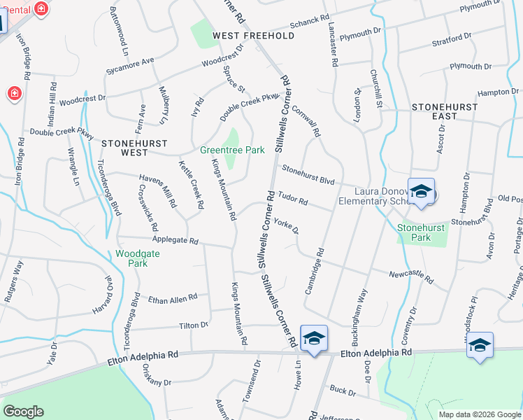 map of restaurants, bars, coffee shops, grocery stores, and more near 131 Stillwells Corner Road in Freehold