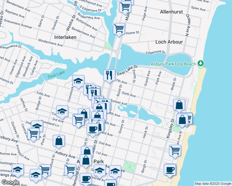 map of restaurants, bars, coffee shops, grocery stores, and more near 703 Sunset Avenue in Asbury Park