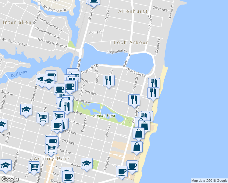 map of restaurants, bars, coffee shops, grocery stores, and more near 1515 Park Avenue in Asbury Park