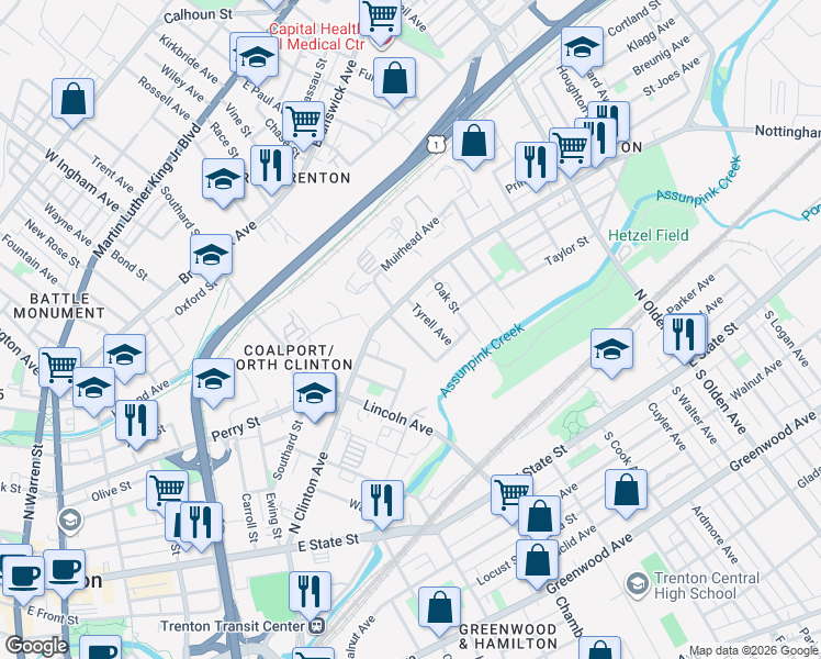 map of restaurants, bars, coffee shops, grocery stores, and more near 48 Sheridan Avenue in Trenton