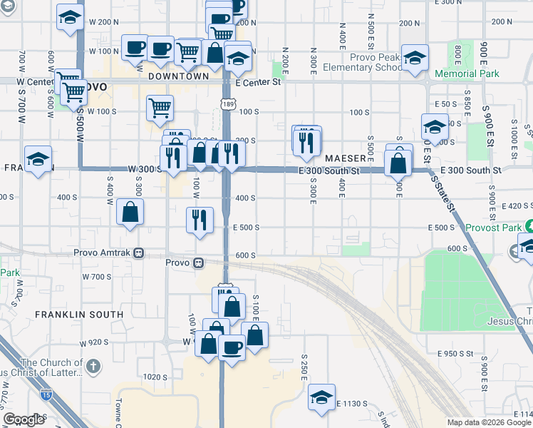 map of restaurants, bars, coffee shops, grocery stores, and more near 131 East 500 South in Provo
