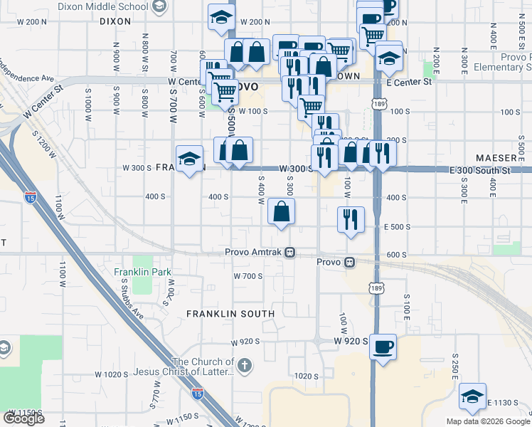 map of restaurants, bars, coffee shops, grocery stores, and more near 461 South 400 West in Provo