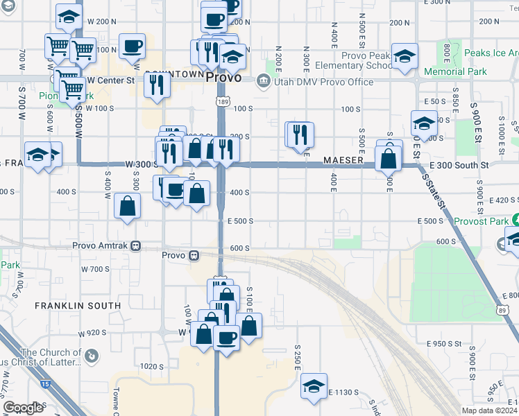 map of restaurants, bars, coffee shops, grocery stores, and more near 131 East 500 South in Provo