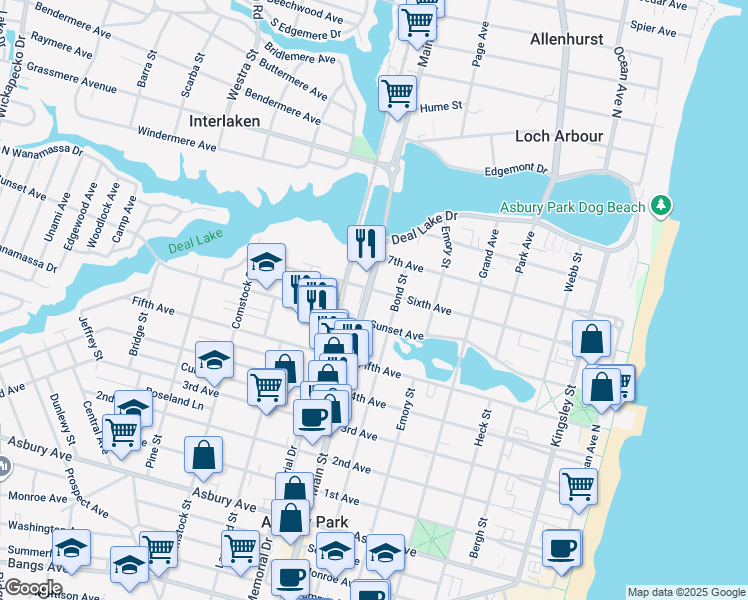 map of restaurants, bars, coffee shops, grocery stores, and more near 710 6th Avenue in Asbury Park