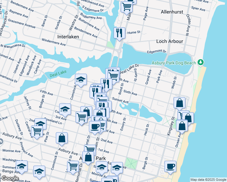 map of restaurants, bars, coffee shops, grocery stores, and more near 703 Sunset Avenue in Asbury Park