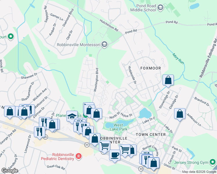 map of restaurants, bars, coffee shops, grocery stores, and more near 19 Malsbury Street in Robbinsville Township
