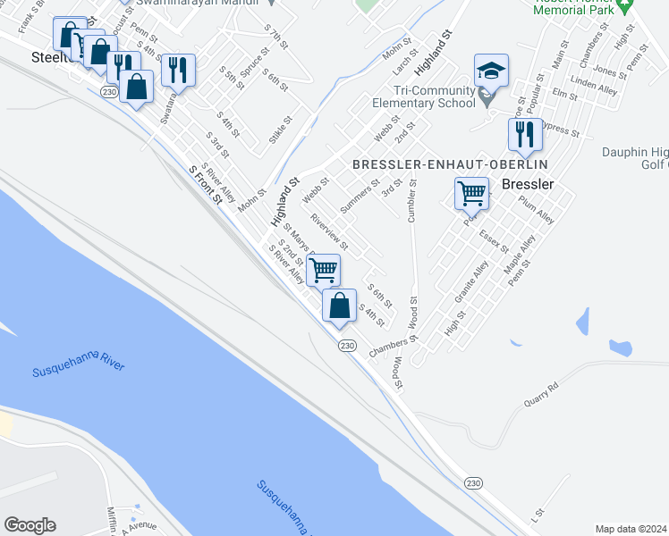 map of restaurants, bars, coffee shops, grocery stores, and more near 615 Saint Marys Drive in Steelton