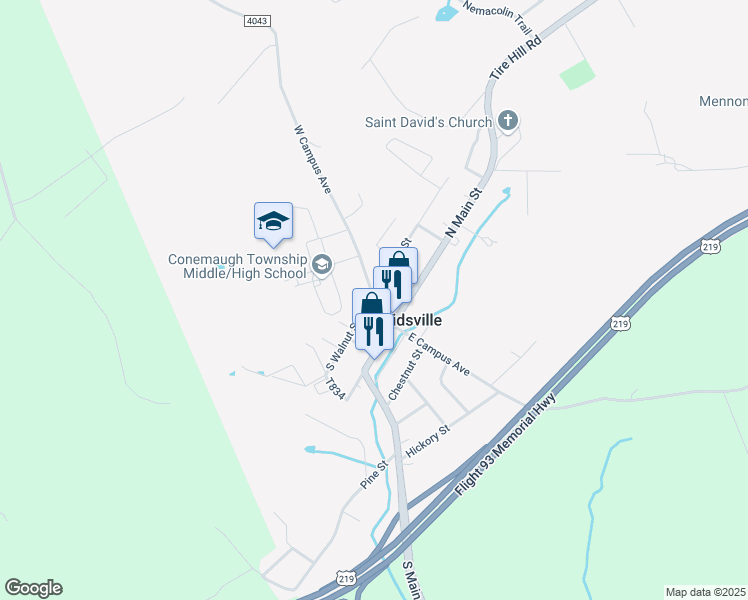 map of restaurants, bars, coffee shops, grocery stores, and more near 300 West Campus Avenue in Davidsville