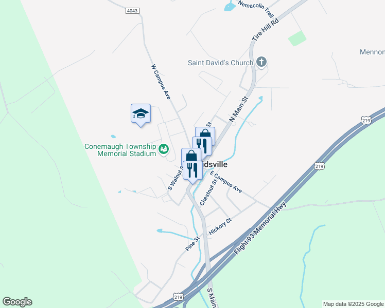 map of restaurants, bars, coffee shops, grocery stores, and more near 300 West Campus Avenue in Davidsville