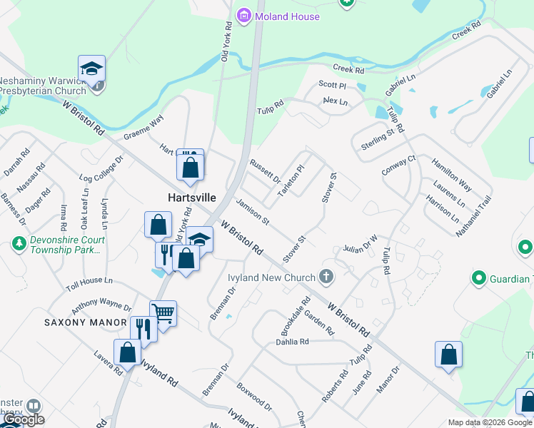 map of restaurants, bars, coffee shops, grocery stores, and more near 950 Jamison Street in Warminster