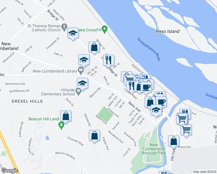 map of restaurants, bars, coffee shops, grocery stores, and more near 520 Reno Avenue in New Cumberland