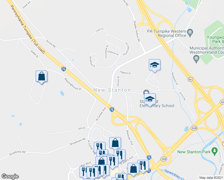 map of restaurants, bars, coffee shops, grocery stores, and more near in New Stanton