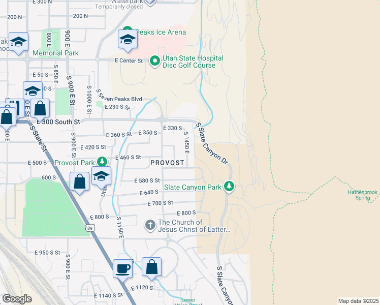 map of restaurants, bars, coffee shops, grocery stores, and more near 447 South 1450 East in Provo