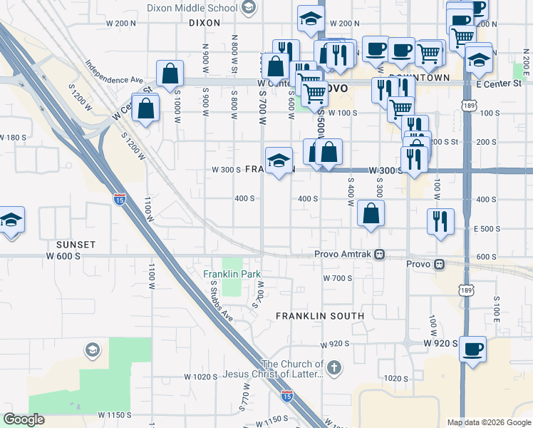 map of restaurants, bars, coffee shops, grocery stores, and more near 671 West 500 South in Provo