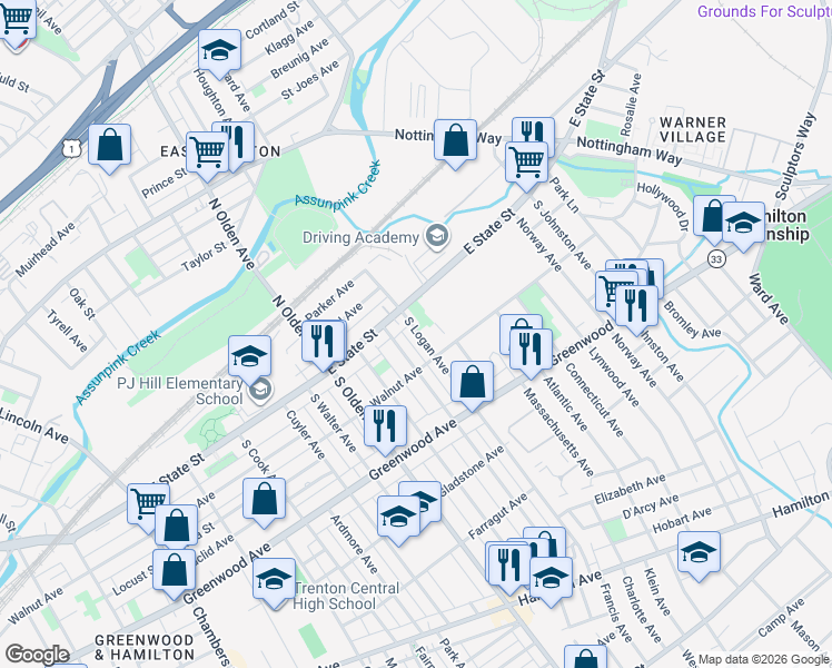 map of restaurants, bars, coffee shops, grocery stores, and more near 73 South Logan Avenue in Trenton