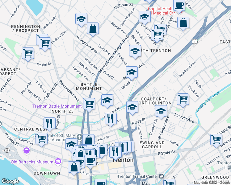 map of restaurants, bars, coffee shops, grocery stores, and more near 152 Old Rose Street in Trenton