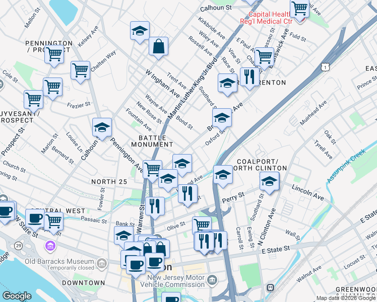 map of restaurants, bars, coffee shops, grocery stores, and more near 151 Meyer Street in Trenton
