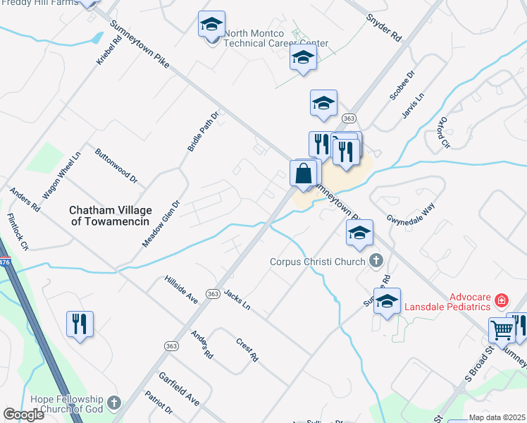 map of restaurants, bars, coffee shops, grocery stores, and more near 1619 South Valley Forge Road in Lansdale