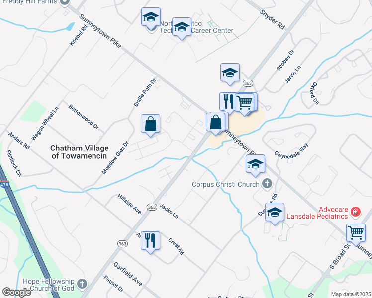 map of restaurants, bars, coffee shops, grocery stores, and more near 1619 South Valley Forge Road in Lansdale