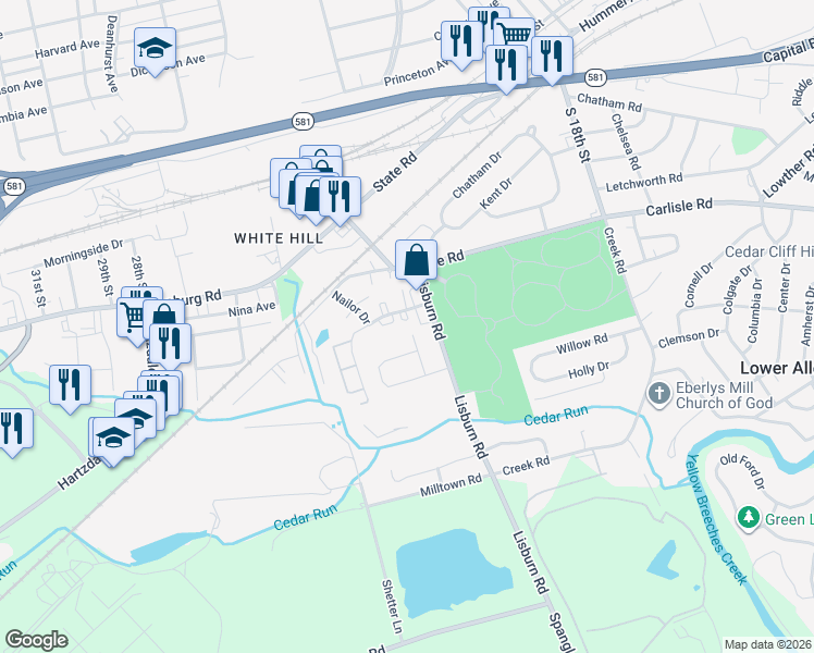 map of restaurants, bars, coffee shops, grocery stores, and more near 2101 Cedar Run Drive in Camp Hill