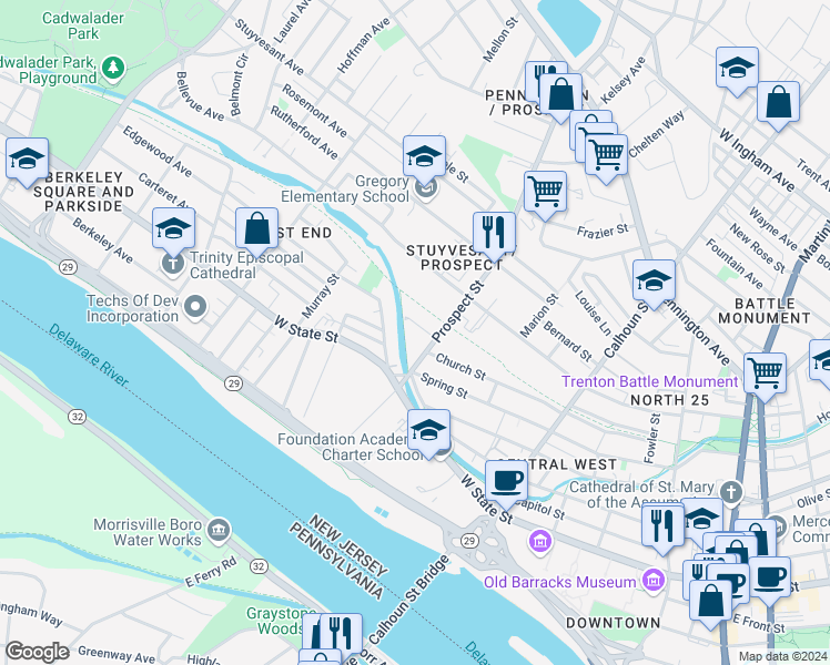 map of restaurants, bars, coffee shops, grocery stores, and more near 13 Jarvis Place in Trenton