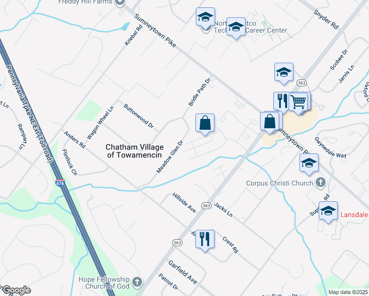 map of restaurants, bars, coffee shops, grocery stores, and more near 170 Oberlin Terrace in Lansdale