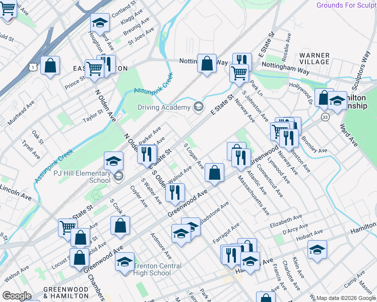 map of restaurants, bars, coffee shops, grocery stores, and more near 73 South Logan Avenue in Trenton