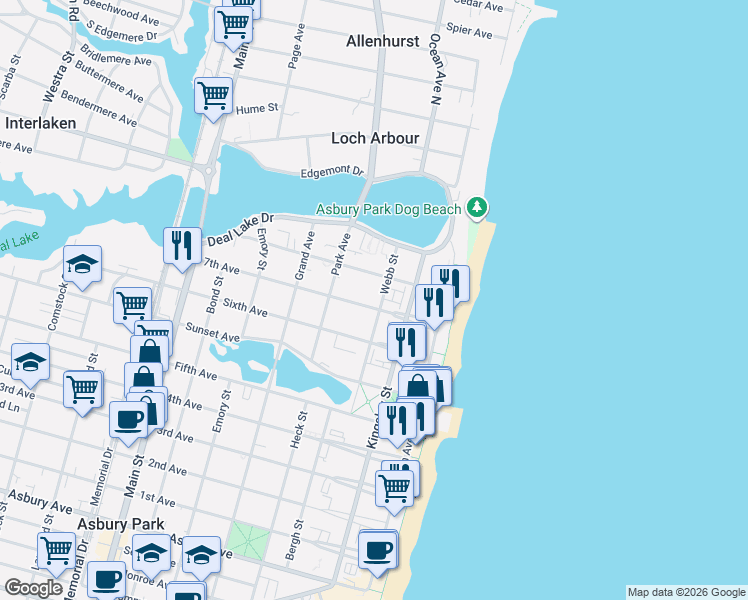 map of restaurants, bars, coffee shops, grocery stores, and more near 300 7th Avenue in Asbury Park