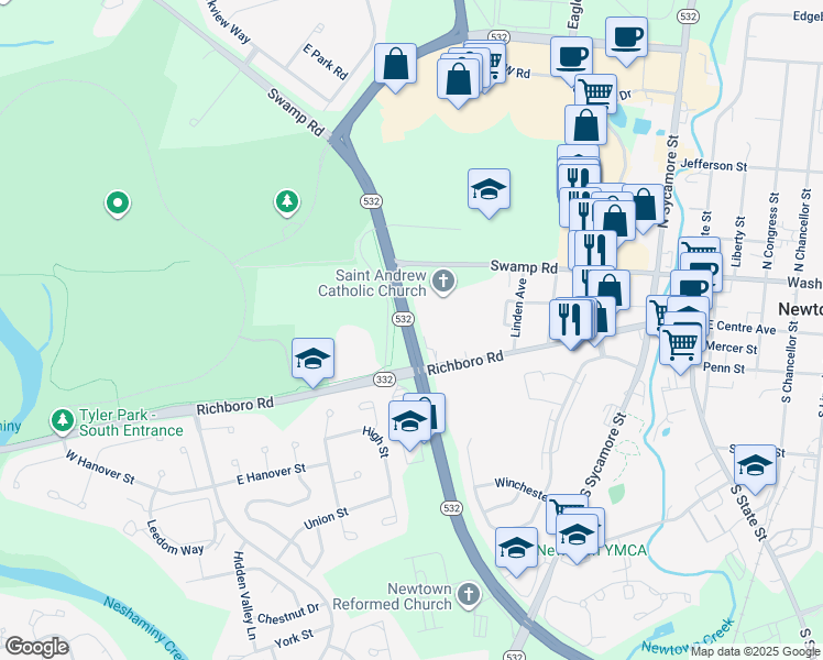 map of restaurants, bars, coffee shops, grocery stores, and more near 34 Richboro Newtown Road in Newtown