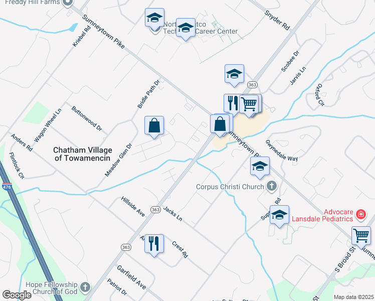 map of restaurants, bars, coffee shops, grocery stores, and more near 154 Bancroft Road in Lansdale