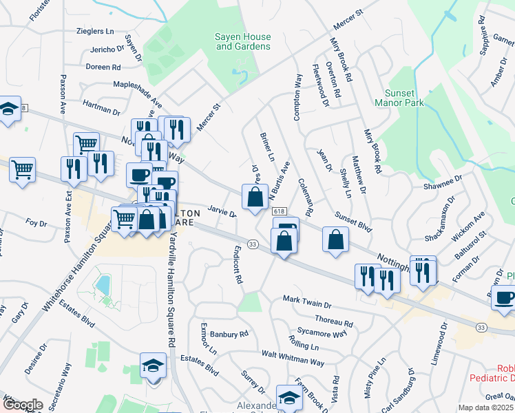 map of restaurants, bars, coffee shops, grocery stores, and more near 3913 Nottingham Way in Trenton