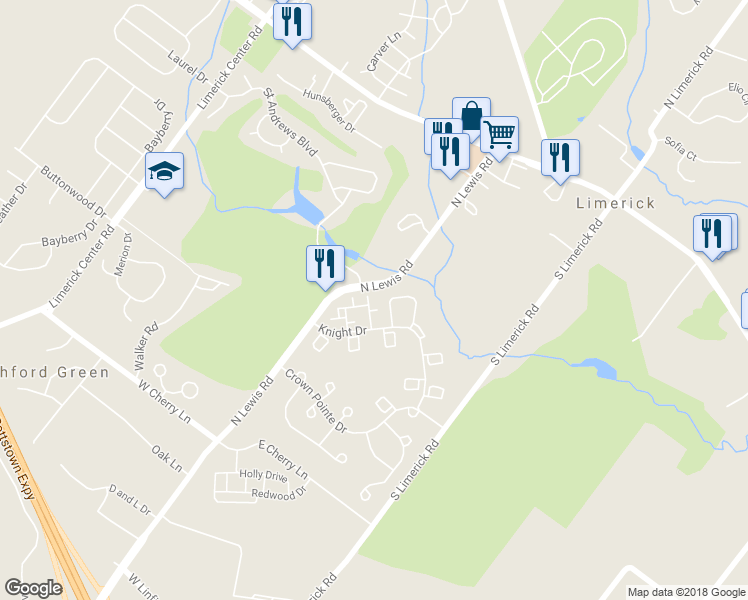 map of restaurants, bars, coffee shops, grocery stores, and more near 5402 Drawbridge Court in Royersford