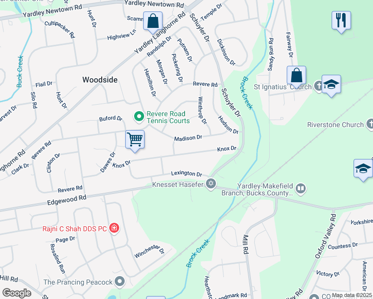 map of restaurants, bars, coffee shops, grocery stores, and more near 1284 Knox Drive in Yardley