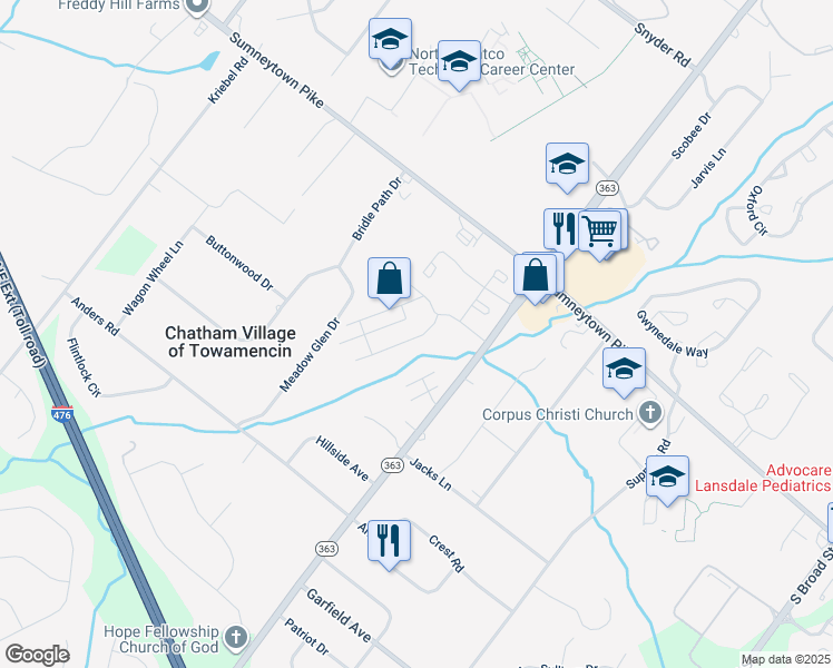 map of restaurants, bars, coffee shops, grocery stores, and more near 117 Ardwick Terrace in Lansdale