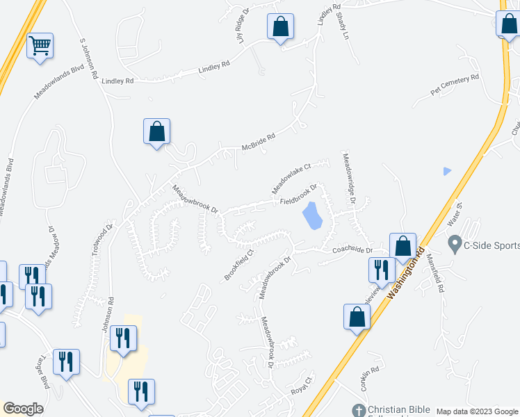 map of restaurants, bars, coffee shops, grocery stores, and more near 230 Fieldbrook Drive in Canonsburg