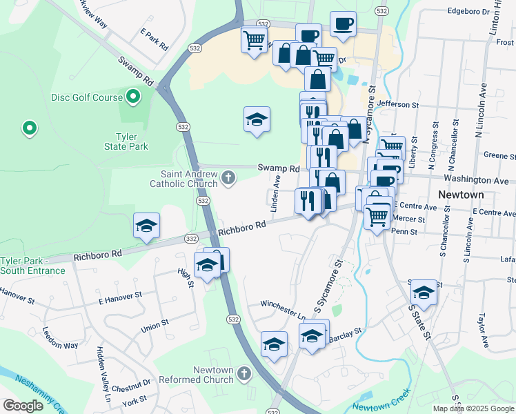 map of restaurants, bars, coffee shops, grocery stores, and more near 74 Richboro Rd in Newtown