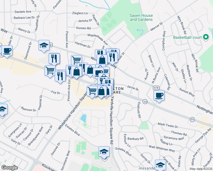 map of restaurants, bars, coffee shops, grocery stores, and more near 1266 Highway 33 in Trenton